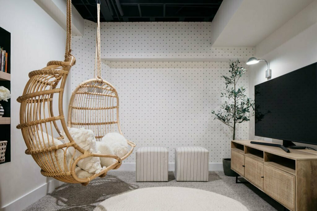 Basement with custom millwork and cabinetry