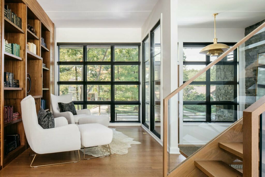 Walnut study with built in storage wall