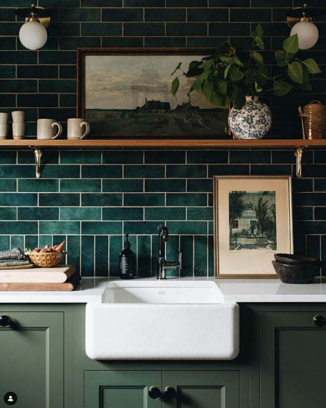 modern kitchen with blue tile backsplash