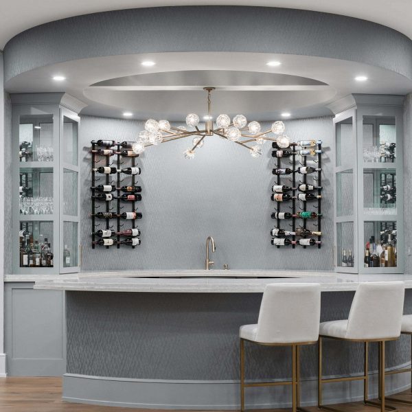 Custom made circular wet bar with light grey cabinetry made by Trim Tech Designs.