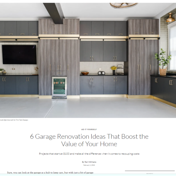 Custom garage cabinetry by Trim Tech Designs. Featured in Architectural Digest.